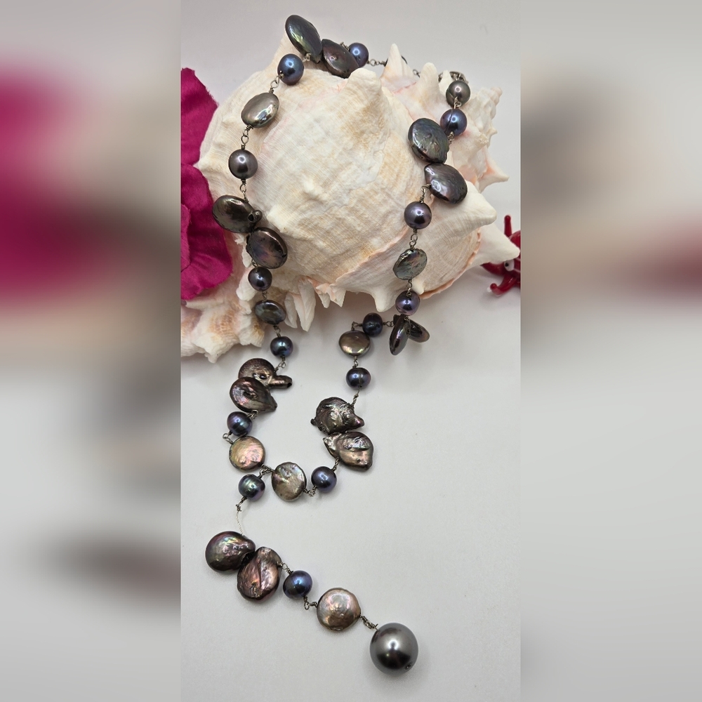 Pearl Necklace Baroque & Coin Varying Shades 17" + 2" Extender 3.5"